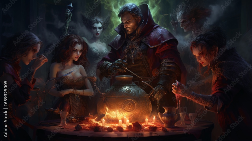 humans dressed as vampires gathered around a cauldron, brewing up a potion. . 