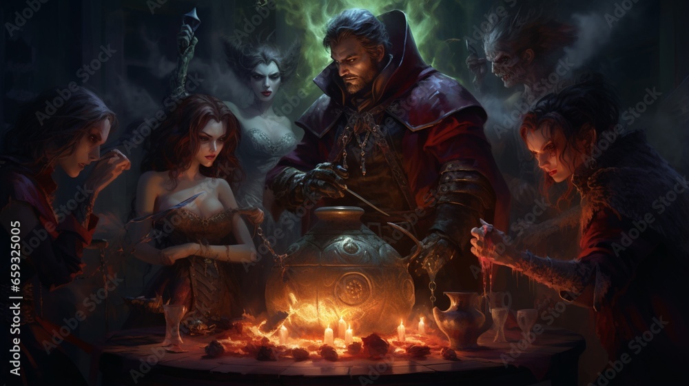 humans dressed as vampires gathered around a cauldron, brewing up a potion. . humans dressed as vampires gathered around a cauldron, brewing up a potion. .