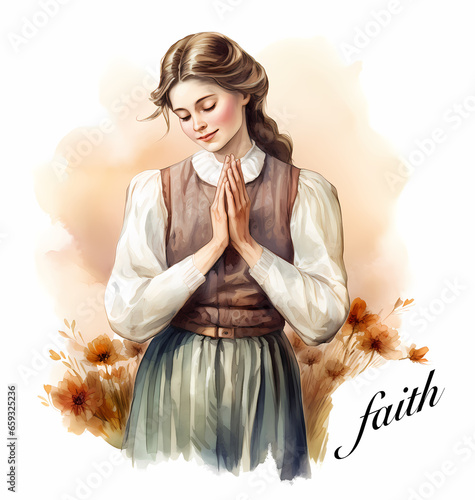 Young woman in a prayer pose with the word "faith" written in a calligraphy style; Autumn, fall, harvest theme.