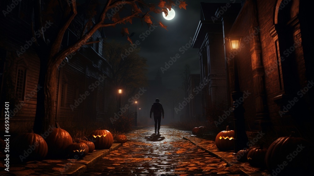 walking down a dark street at night, carrying a pumpkin lantern. walking down a dark street at night, carrying a pumpkin lantern.