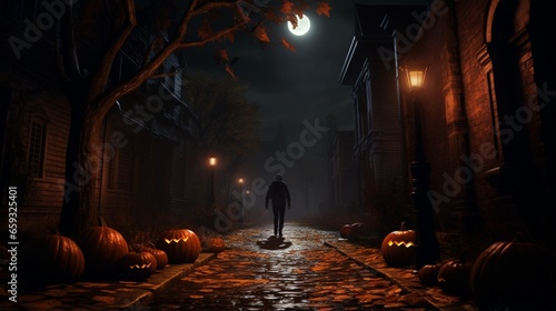 walking down a dark street at night, carrying a pumpkin lantern. 