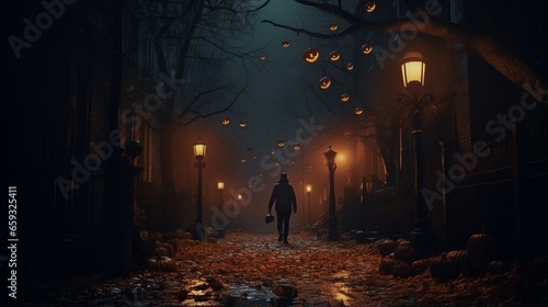 walking down a dark street at night, carrying a pumpkin lantern. 