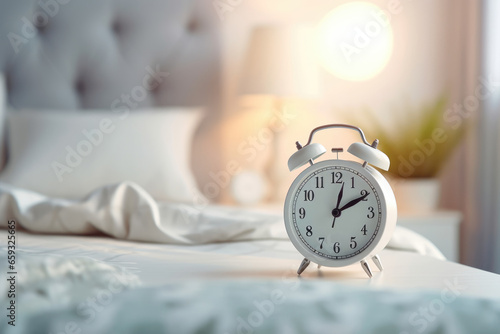 white alarm clock on bedside table in bedroom, woman sleeping on bed in background. AI Generated