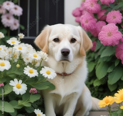 golden retriever dog with flowers