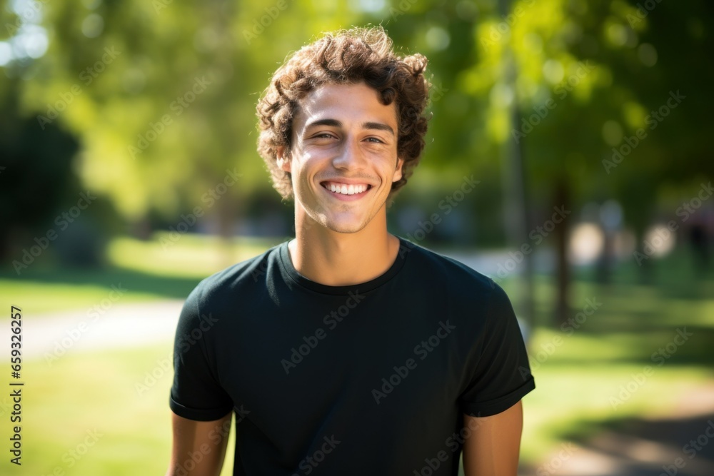 Portrait of a Happy Young Man Wearing Plain Black T-Shirt Smiling Candidly. Generative AI. Portrait of a Happy Young Man Wearing Plain Black T-Shirt Smiling Candidly. Generative AI.