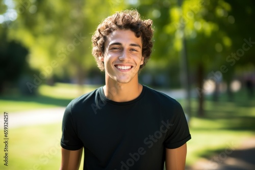 Portrait of a Happy Young Man Wearing Plain Black T-Shirt Smiling Candidly. Generative AI.