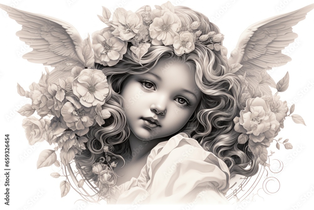 Fototapeta premium Little girl angel portrait with flowers and wings, retro syle drawing illustration