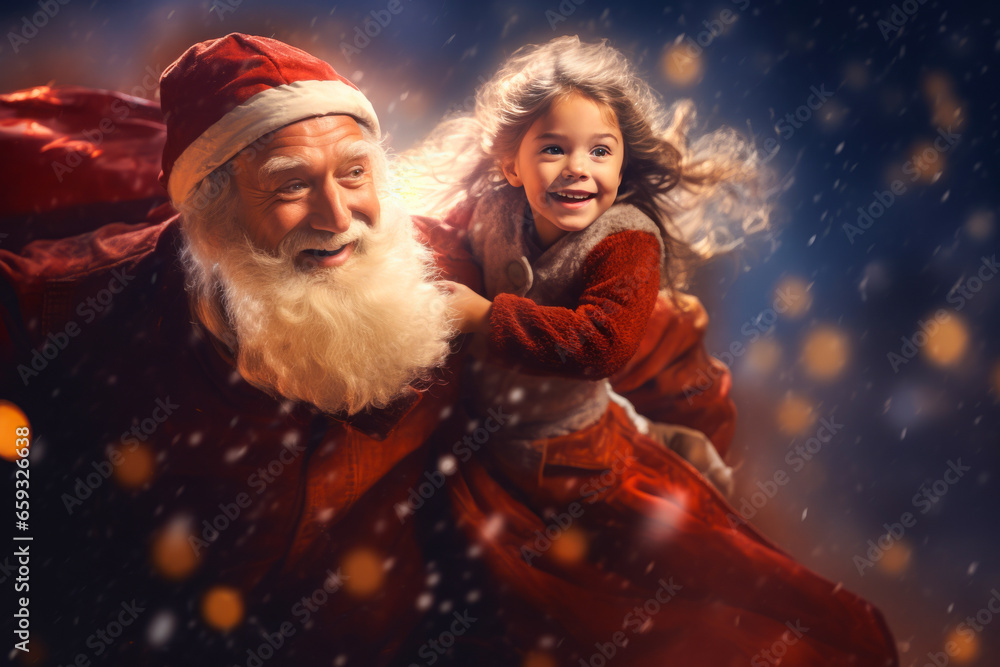 Santa Clause flying with little girl in clouds. Christmas fairytale. Christmas time Santa Clause flying with little girl in clouds. Christmas fairytale. Christmas time