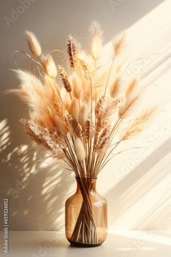 ears of wheat in vase  dry grass boho aesthetic background