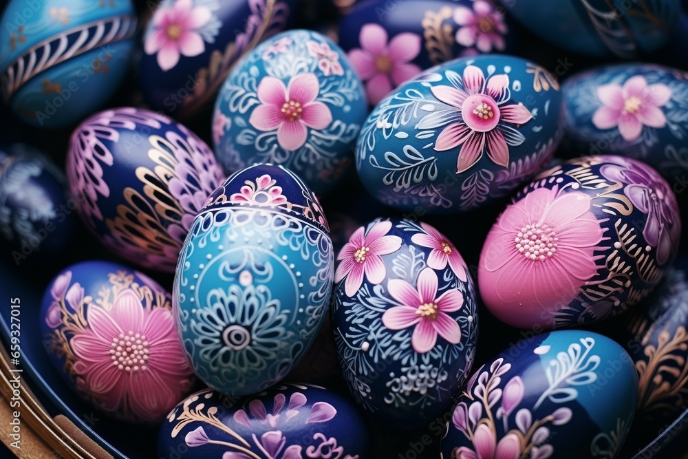 Easter Elegance: Beautiful and Colorful Composition Featuring Richly Decorated Eggs in Luxurious Blue and Pink Hues Easter Elegance: Beautiful and Colorful Composition Featuring Richly Decorated Eggs in Luxurious Blue and Pink Hues