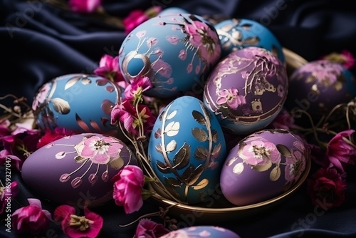 Easter Elegance: Beautiful and Colorful Composition Featuring Richly Decorated Easter Eggs and Feathers in Luxurious Blue and Pink Hues