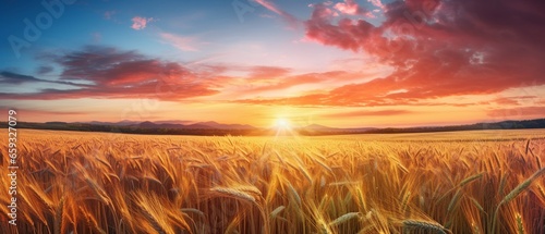 Sunset Harvest: Beautiful and Colorful Natural Panoramic Landscape with a Ripe Wheat Field Bathed in the Golden and Pink Rays of the Setting Sun © pierre