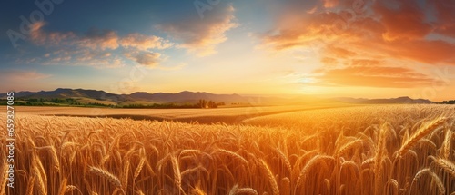 Sunset Harvest: Beautiful and Colorful Natural Panoramic Landscape with a Ripe Wheat Field Bathed in the Golden and Pink Rays of the Setting Sun © pierre