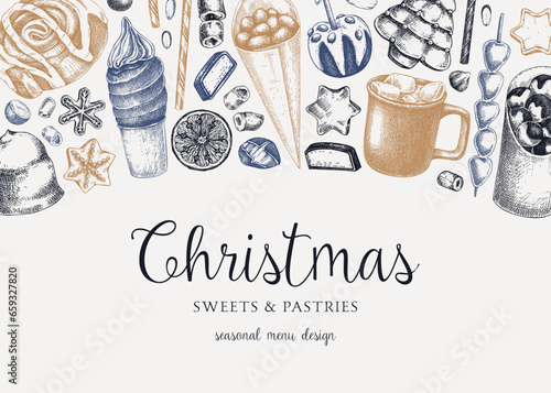 Christmas food background. Christmas market design template. Hand-drawn vector illustration. Hot drinks, candies, cookies, pastries sketches. Winter holiday menu banner. Invitation, Greeting card