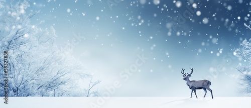 Enchanting Christmas Banner  White Decorative Deer in Snow  Blue Sky Background with Snowfall - Perfect for the Festive Season with Ample Copy Space