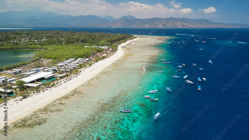 Amazing aerial view of Gili Meno coastline on a sunny day, Indonesia