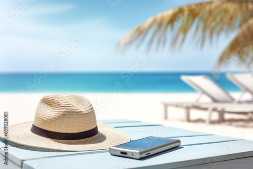 Beach Vacation Essentials  Hat  Smartphone  Suntan Lotion  Sunglasses  Towel on White Chaise Longue