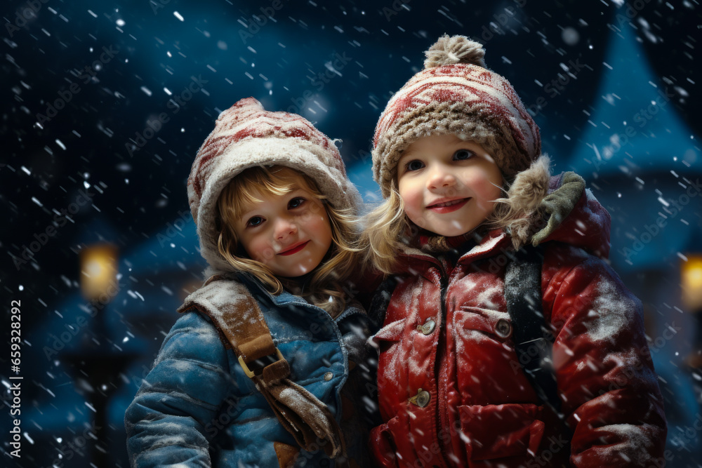 cute little kids in winter outfit fascinated looking at snowfall. Winter lifestyle, first snow. cute little kids in winter outfit fascinated looking at snowfall. Winter lifestyle, first snow.