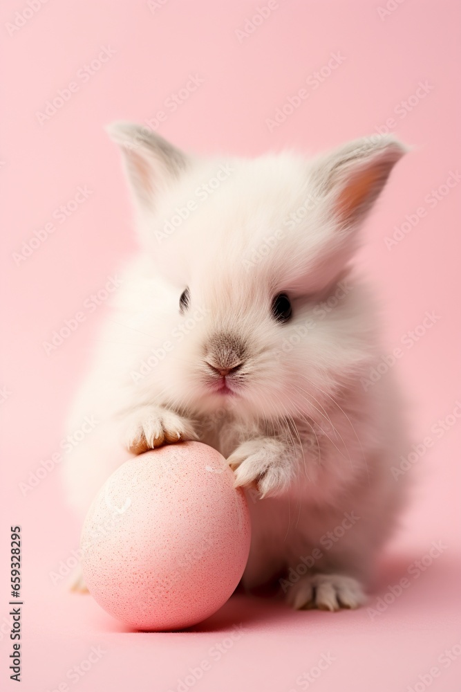 A Cute Fluffy Light Pink Rabbit Holding an Easter Egg for the Holiday A Cute Fluffy Light Pink Rabbit Holding an Easter Egg for the Holiday