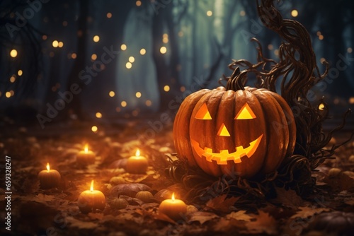 Halloween Holiday Decoration: Glowing Pumpkin, Candles, and Mystical Forest in Golden Orange and Brown Tones © pierre