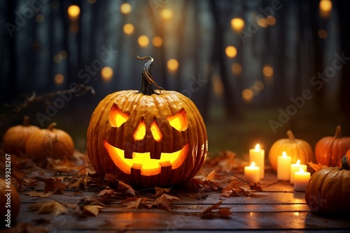 Halloween Holiday Decoration: Glowing Pumpkin, Candles, and Mystical Forest in Golden Orange and Brown Tones © pierre