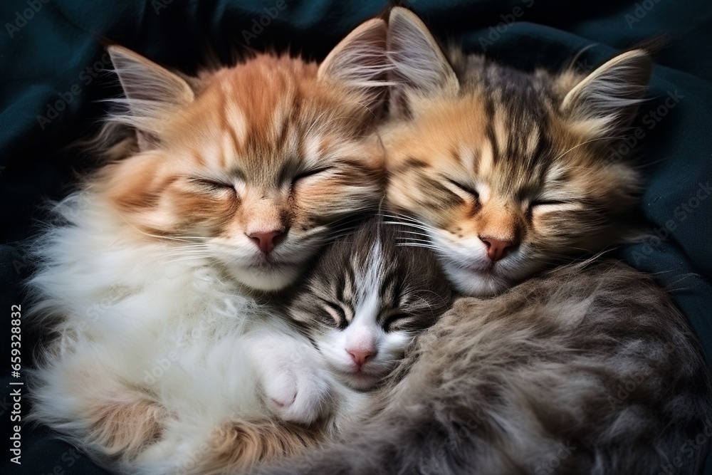 Adorable Mother Cat and Kittens Cuddled Together for a Nap
