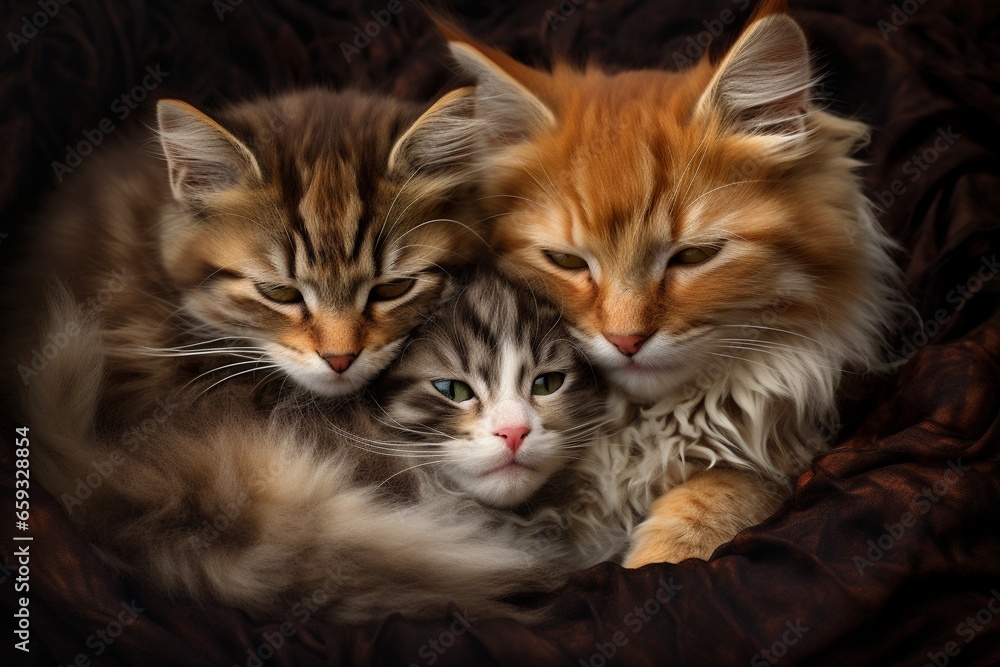 Adorable Mother Cat and Kittens Cuddled Together for a Nap Adorable Mother Cat and Kittens Cuddled Together for a Nap