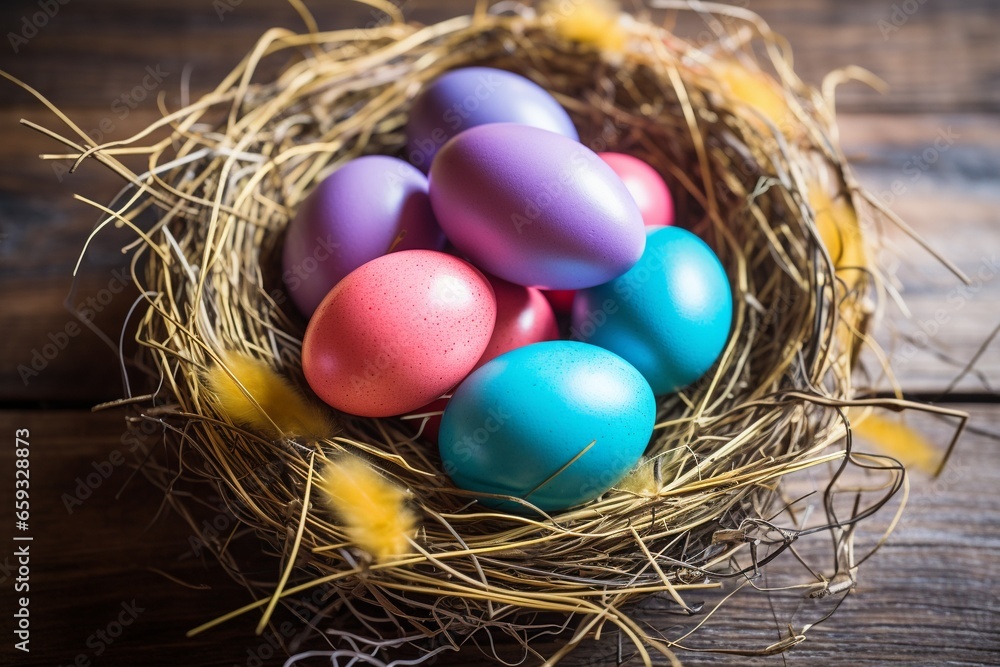 Colorful Easter Eggs in Nest on Sunny Wooden Floor Colorful Easter Eggs in Nest on Sunny Wooden Floor