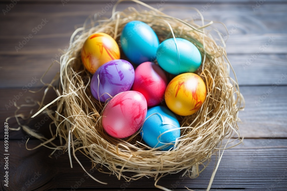 Colorful Easter Eggs in Nest on Sunny Wooden Floor Colorful Easter Eggs in Nest on Sunny Wooden Floor