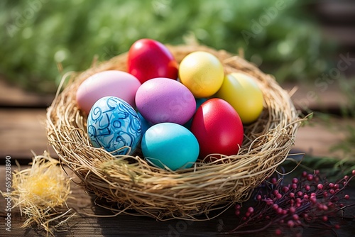 Colorful Easter Eggs in Nest on Sunny Wooden Floor