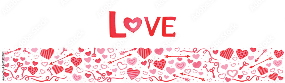 Long banner for Valentine's day - lot of pink and red hearts, red ribbons, red arrows in flat style on white background. Symbol of love. Vector illustration.