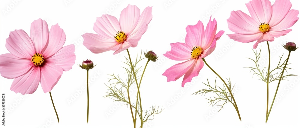 Three Pink Cosmos bipinnatus Flowers in Isolation