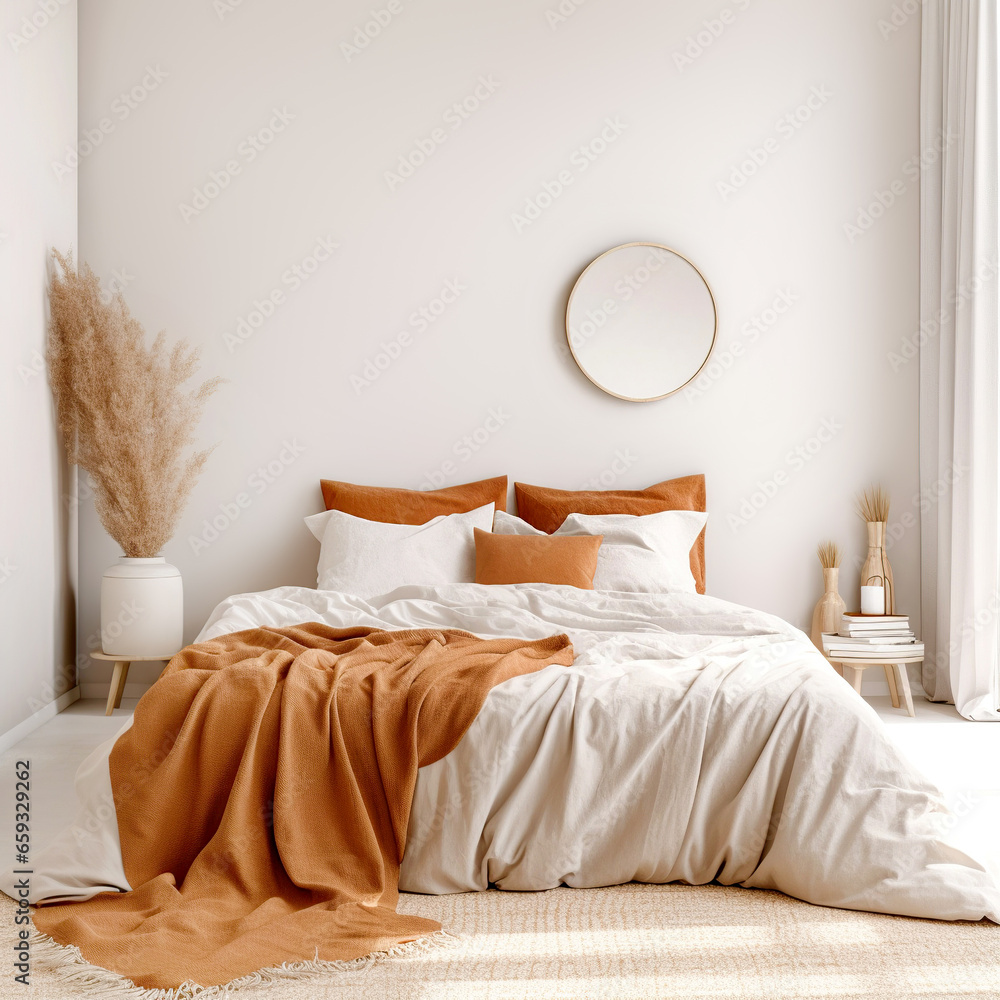Scandinavian interior design of modern bedroom with terra cotta pillows and blanket. Scandinavian interior design of modern bedroom with terra cotta pillows and blanket.