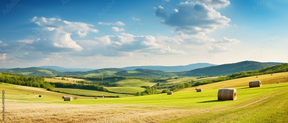 Summer Countryside Panorama: Serpentine Road, Green Meadows, and Forested Hills