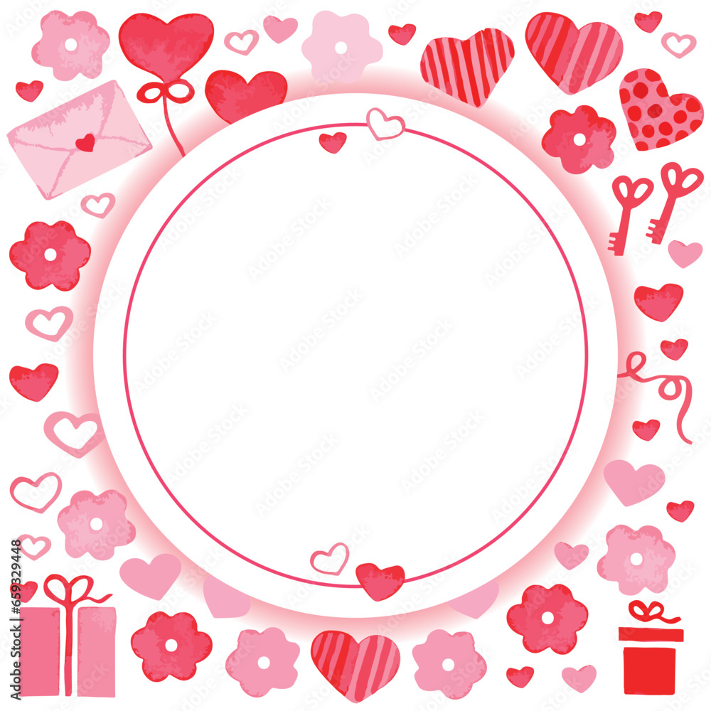 Card template for Valentine's day with space for text - lot of pink and red hearts, flowers, gift boxes in flat style on white background. Symbol of love. Vector illustration. Card template for Valentine's day with space for text - lot of pink and red hearts, flowers, gift boxes in flat style on white background. Symbol of love. Vector illustration.