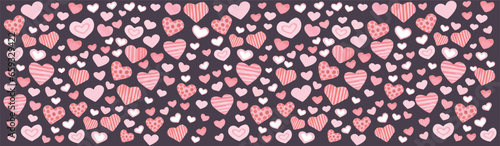 Long banner for Valentine's Day on dark background. Long love pattern with a lot of hearts. Great for design, print, textile, postcard. Vector illustration.