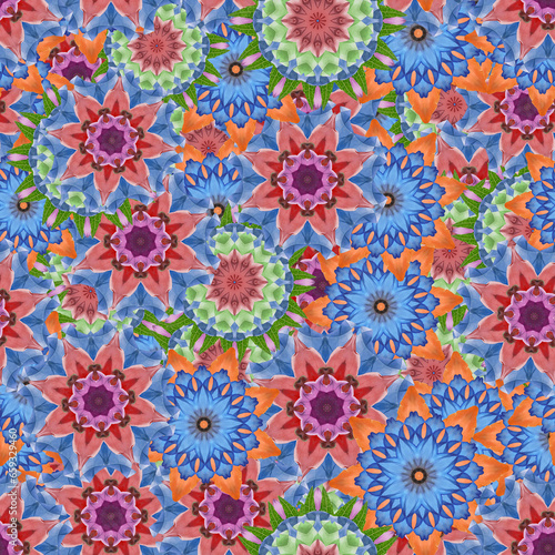 Seamless pattern for continuous replicate. Floral background  photo collage for production of textile  cotton fabric. For use in wallpaper  covers. Mandala drawing in oriental style. Yin-Yang symbol.