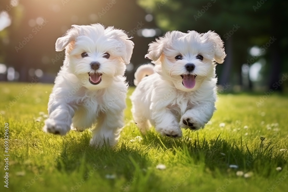 Playful Maltese Lapdog Puppies Frolicking on a Green Lawn Playful Maltese Lapdog Puppies Frolicking on a Green Lawn
