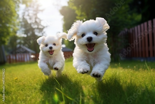 Playful Maltese Lapdog Puppies Frolicking on a Green Lawn
