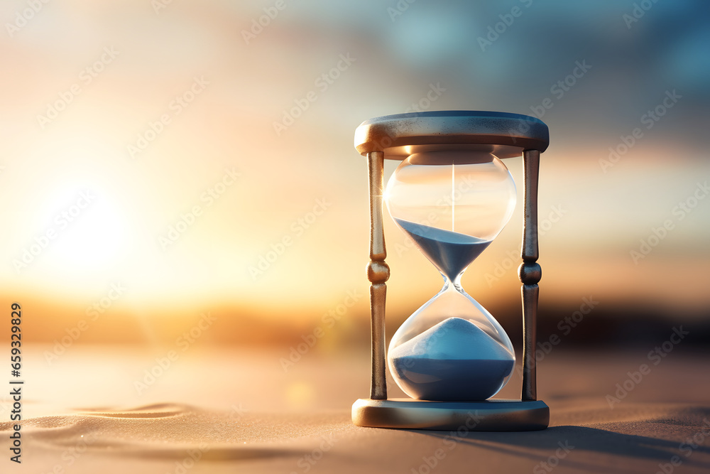 hourglass on sand with beach and sea sunset background - obrazy, fototapety, plakaty 