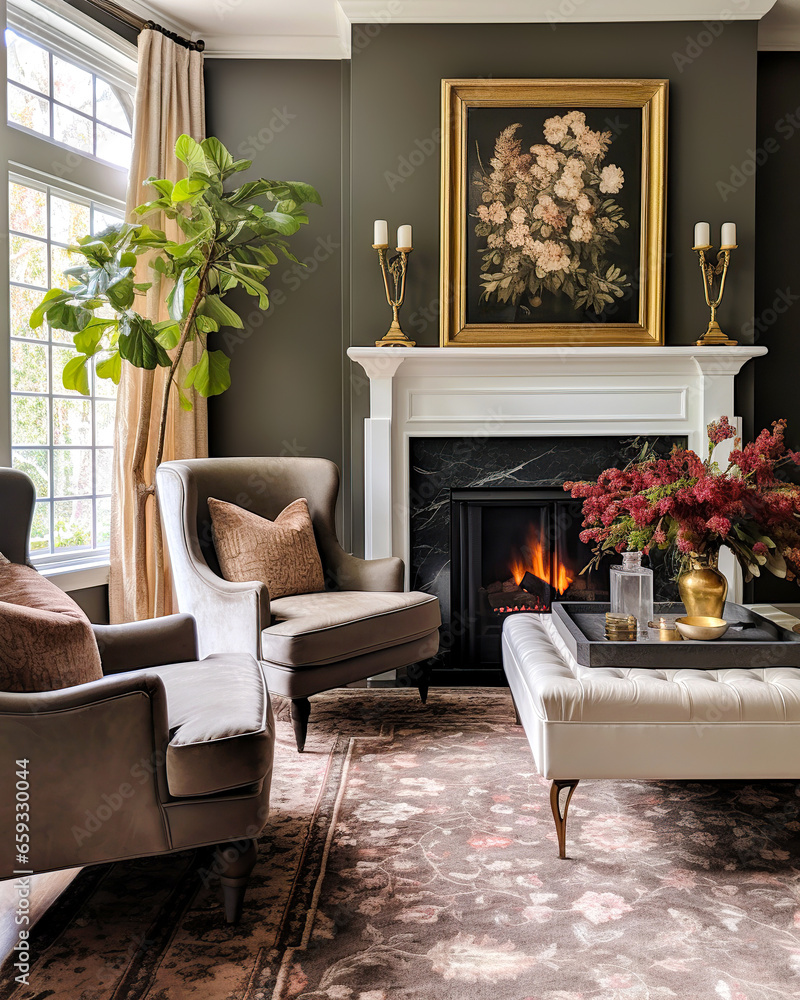 Vintage wing chairs by fireplace. Farmhouse home interior design of ...