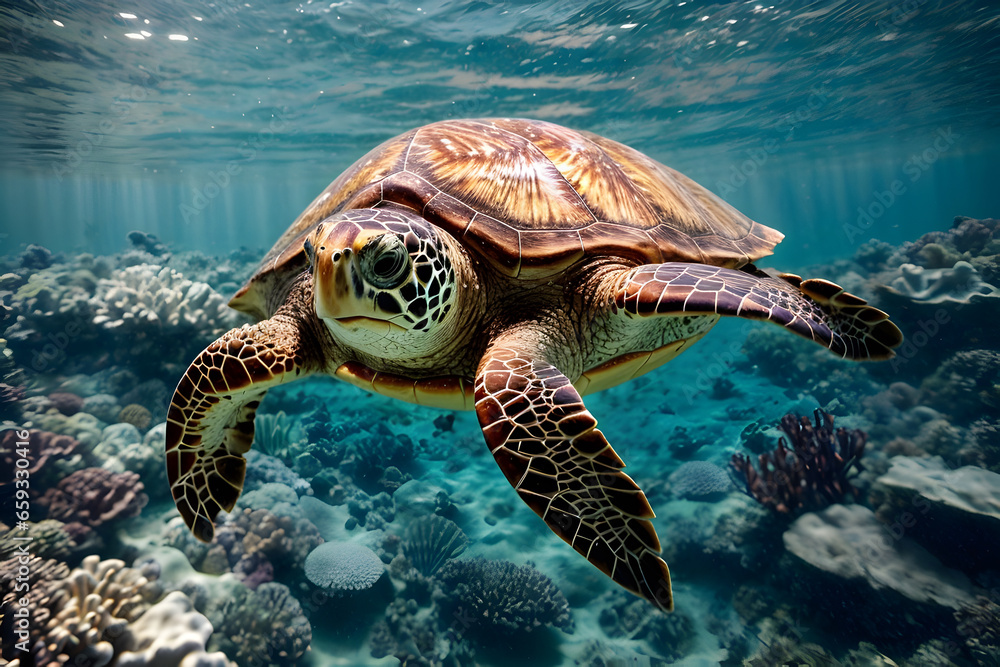 Obraz premium Elegance Sea Turtle Swimming Undersea