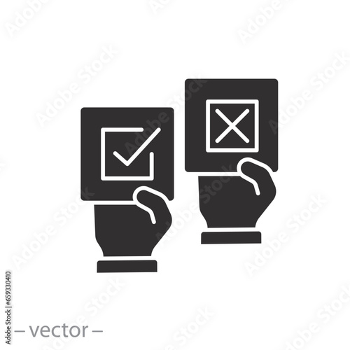 pros and cons voting sheets icon, vote process, ballot papers for and against, flat sign isolated on white background - editable illustration eps10