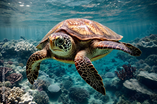 Elegance Sea Turtle Swimming Undersea