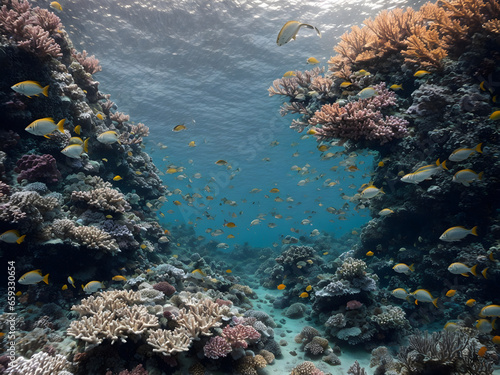 Beautiful underwater scene with colorful fishes and reefs