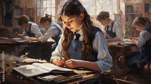 an image of girls and boys in school uniforms, studying together in a well-equipped classroom, promoting equal access to education and the shared pursuit of knowledge regardless of gender