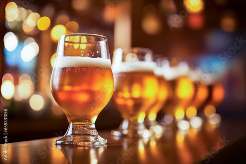 Close up of draft beer glasses on the bar stand in a row. background of the blurred bar or restaurant bokeh lights. Lifestyle concept of vacation and dining.