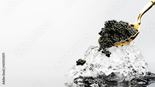 Black Caviar in golden spoon on ice. High quality natural sturgeon black caviar close-up. Delicatessen. Texture of expensive luxury caviar over gray background. 