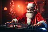 Crazy Santa Claus dj with headset, dance at Christmas party with disco background. Generative Ai