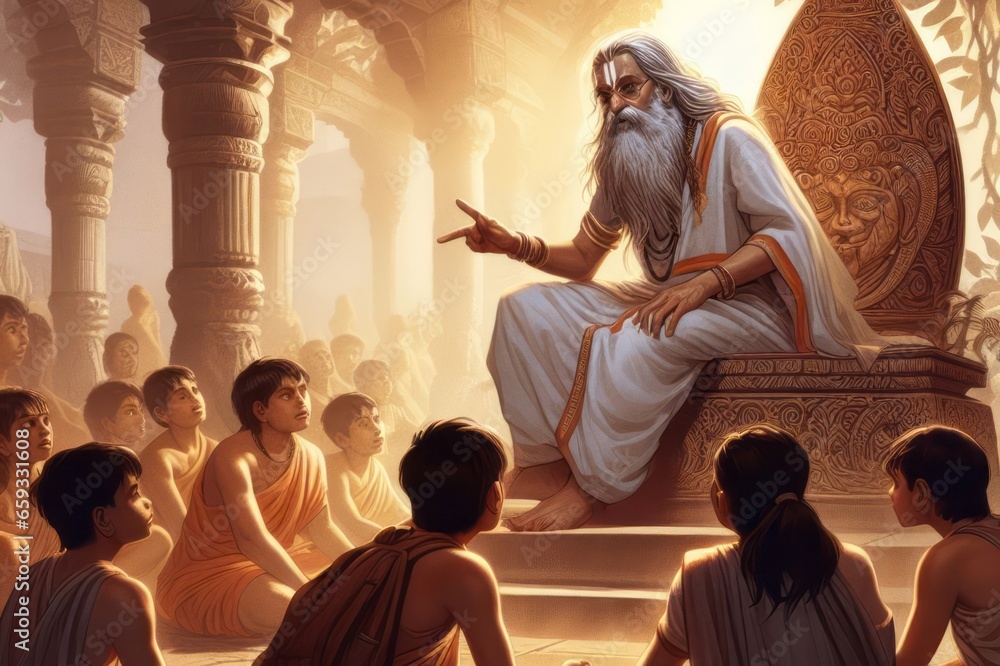 an old Hindu rishi or sadhu educating young people in ancient India - obrazy, fototapety, plakaty 